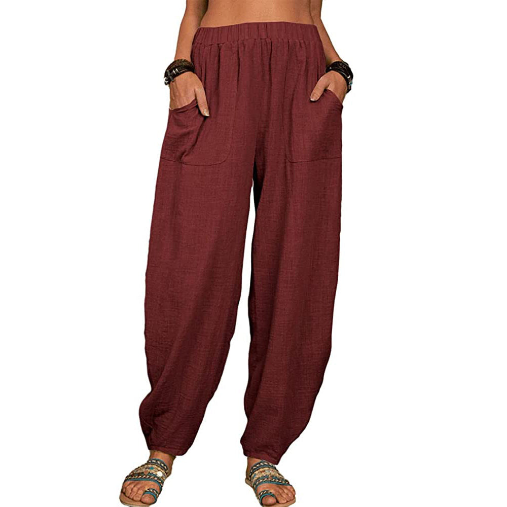 Pantaloni cu picior lat din in și bumbac pentru femei-5