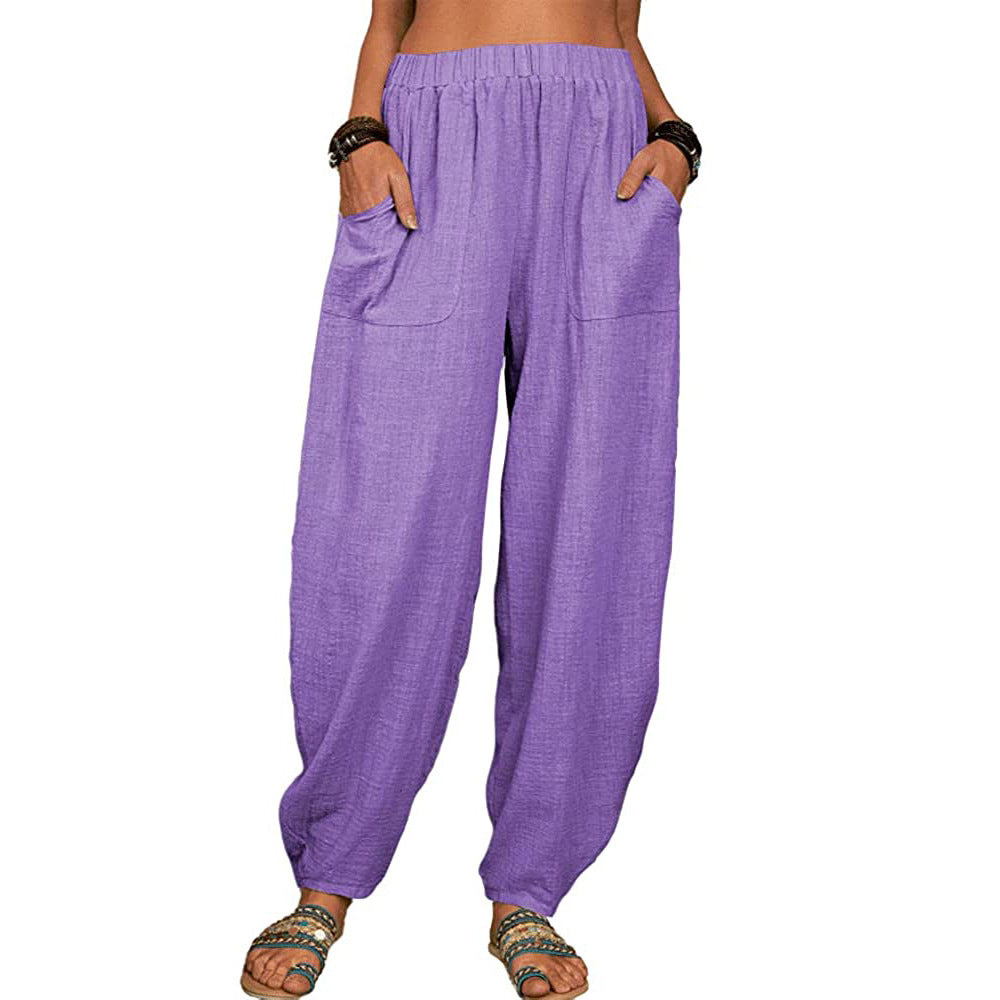 Pantaloni cu picior lat din in și bumbac pentru femei-6