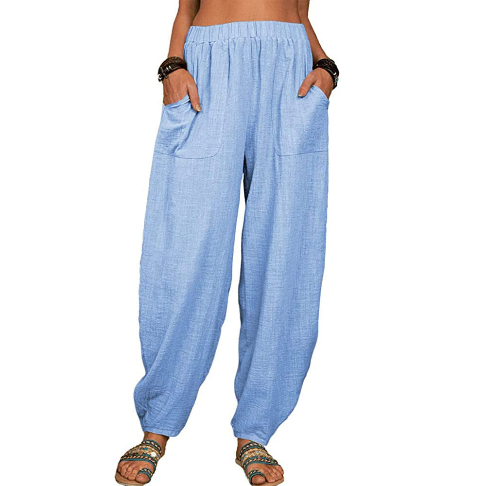 Pantaloni cu picior lat din in și bumbac pentru femei-8