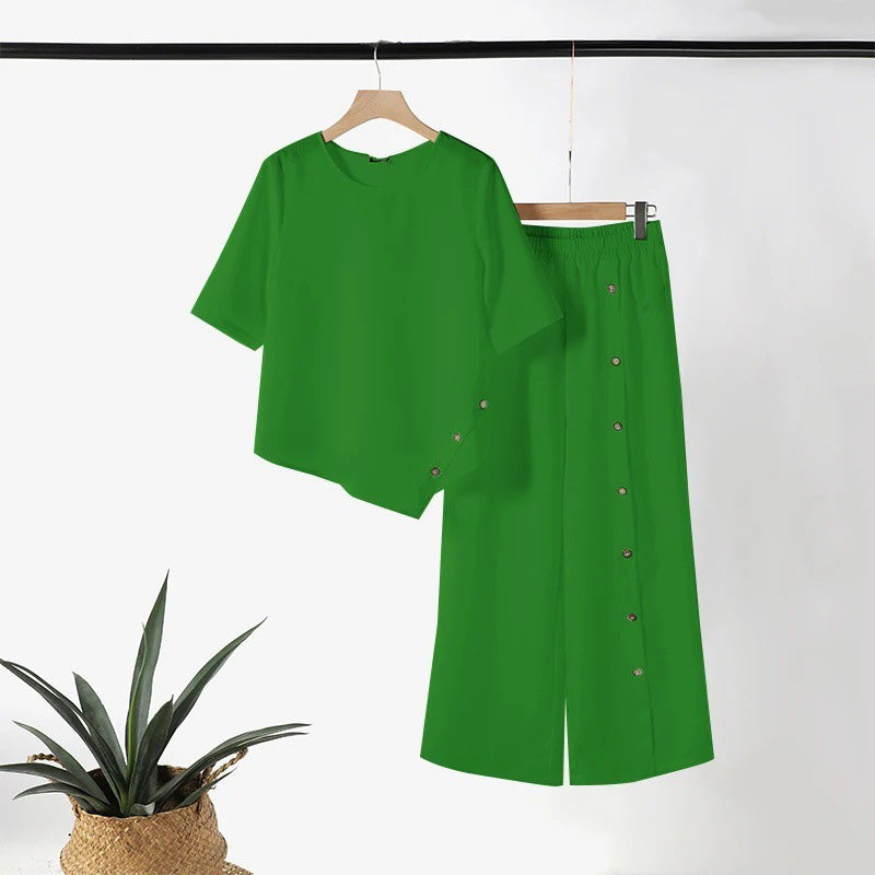 💖Top cu tiv neregulat pentru femei și pantaloni cu picior larg, set din două piese🔥-16