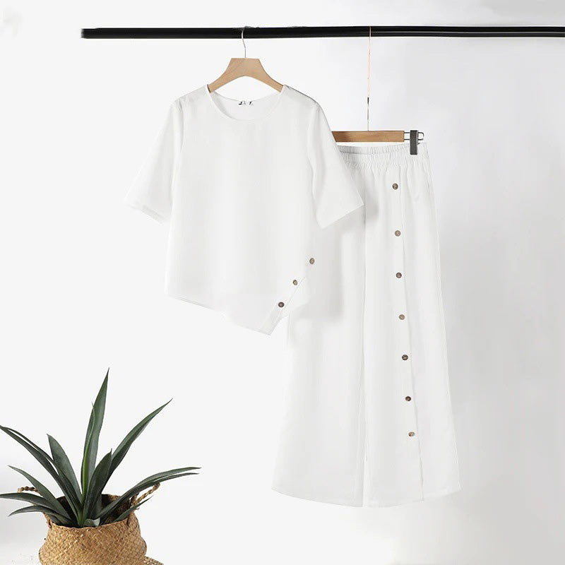 💖Top cu tiv neregulat pentru femei și pantaloni cu picior larg, set din două piese🔥-14