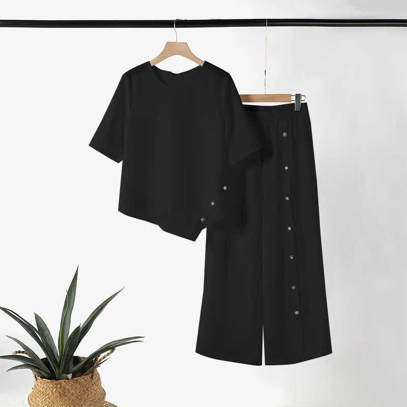 💖Top cu tiv neregulat pentru femei și pantaloni cu picior larg, set din două piese🔥-15