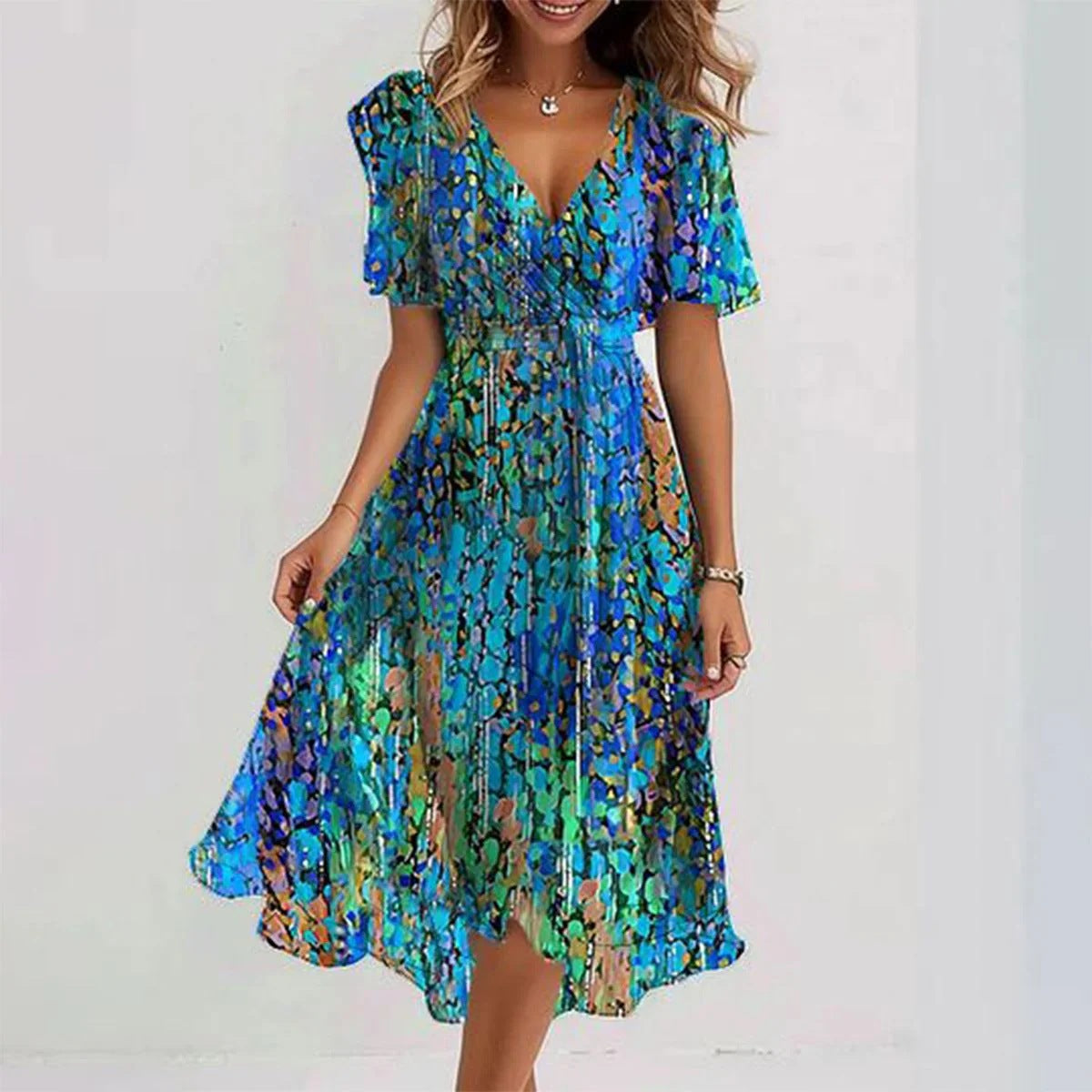 🔥 Rochie elegantă cu decolteu în V șifon imprimat✨-2