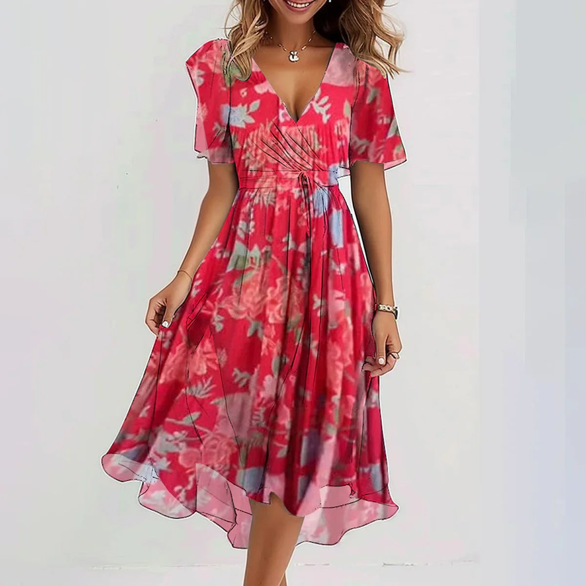 🔥 Rochie elegantă cu decolteu în V șifon imprimat✨-1