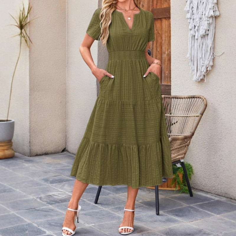 🔥Ofertă specială: 50% reducere👗Rochii lungi de vară casual pentru femei, cu mâneci scurte și decolteu în V-10