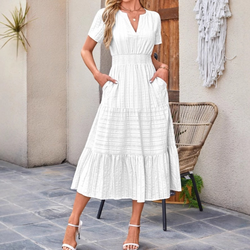 🔥Ofertă specială: 50% reducere👗Rochii lungi de vară casual pentru femei, cu mâneci scurte și decolteu în V-1