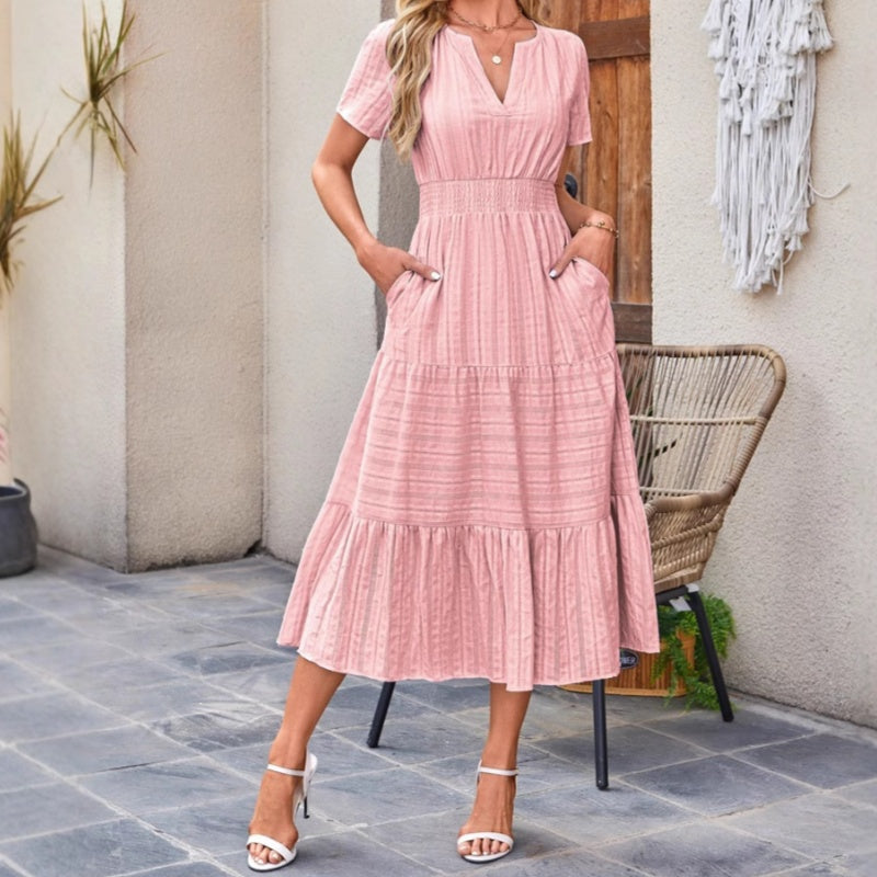 🔥Ofertă specială: 50% reducere👗Rochii lungi de vară casual pentru femei, cu mâneci scurte și decolteu în V-6