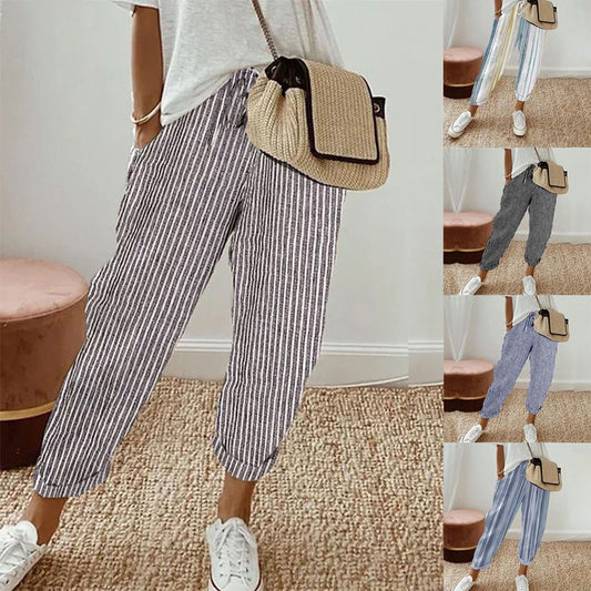 🌿Pantaloni din bumbac cu dungi pentru femei