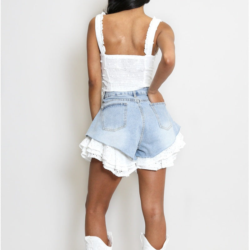 ✨Pantaloni scurți din denim în linie A cu dantelă pentru vară, pentru femei-6