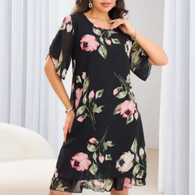 👗🌺Chiffon florale imprimare rotund gât rochie-2