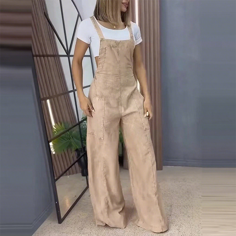 Femeii moda largă picior Jumpsuit cu buzunare-12