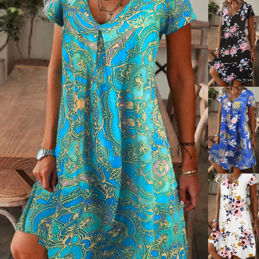 Rochie lungă elegantă cu imprimeu floral și decolteu în V pentru femei