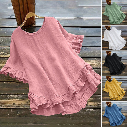👚Bluză pentru femei cu guler rotund și volane