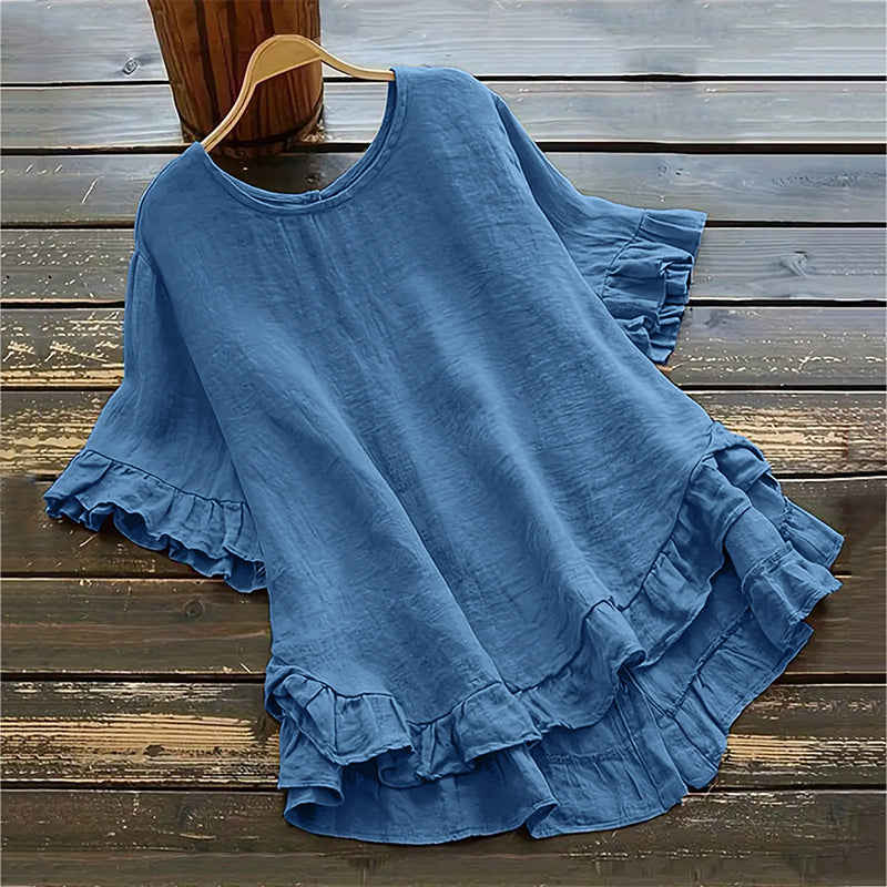 👚Bluză pentru femei cu guler rotund și volane-1