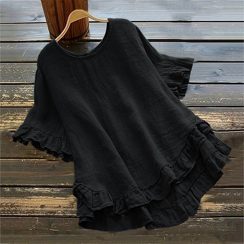 👚Bluză pentru femei cu guler rotund și volane-3