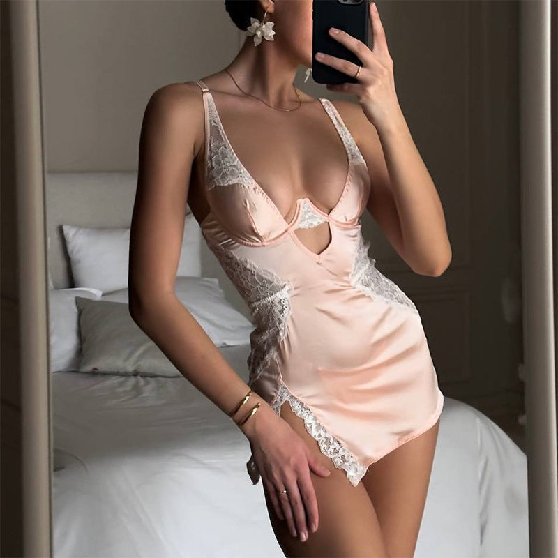 Rochie sexy din dantelă cu bretele subțiri și tanga, în set din două piese-6