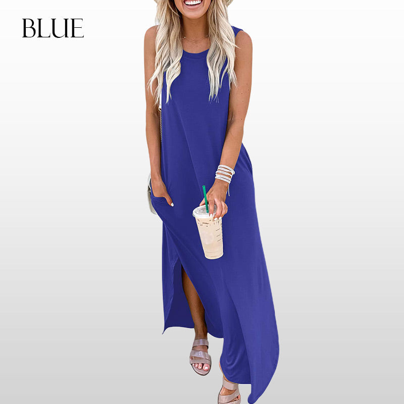 🎉🛍️Promoție fierbinte 50% REDUCERE💃Rochie lungă fără mâneci, în culori uni, la modă, pentru femei-8