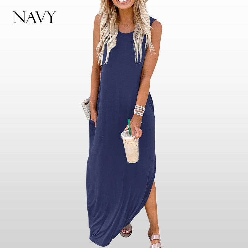🎉🛍️Promoție fierbinte 50% REDUCERE💃Rochie lungă fără mâneci, în culori uni, la modă, pentru femei-9