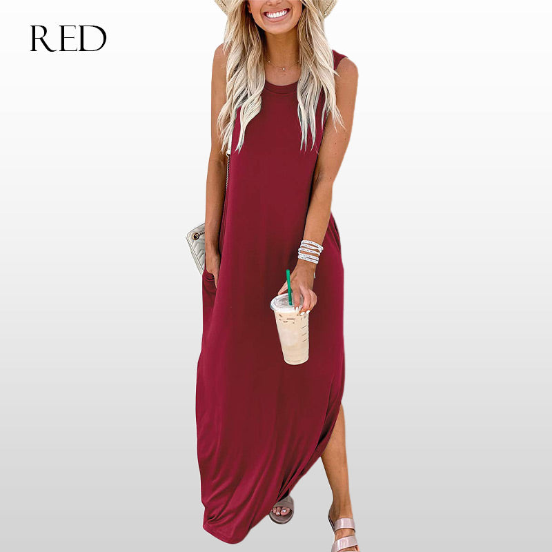 🎉🛍️Promoție fierbinte 50% REDUCERE💃Rochie lungă fără mâneci, în culori uni, la modă, pentru femei-10