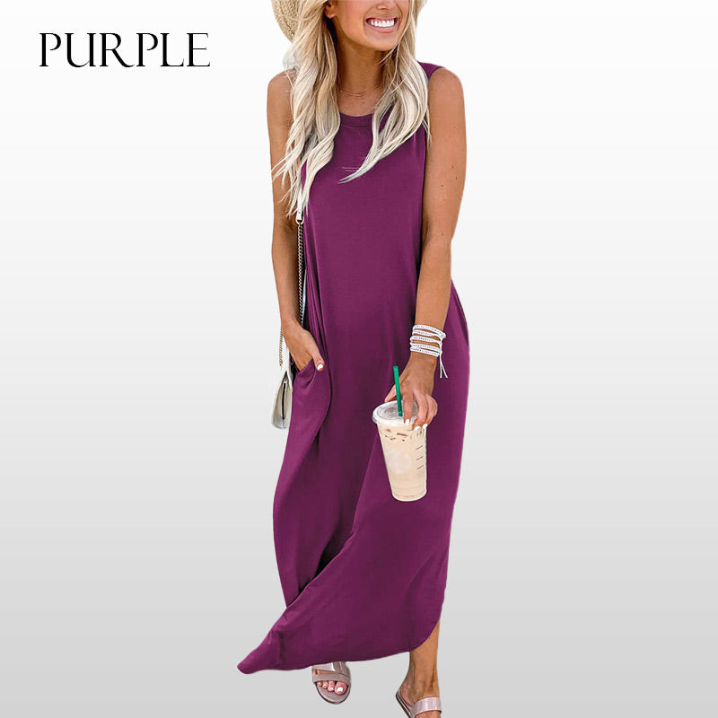 🎉🛍️Promoție fierbinte 50% REDUCERE💃Rochie lungă fără mâneci, în culori uni, la modă, pentru femei-11