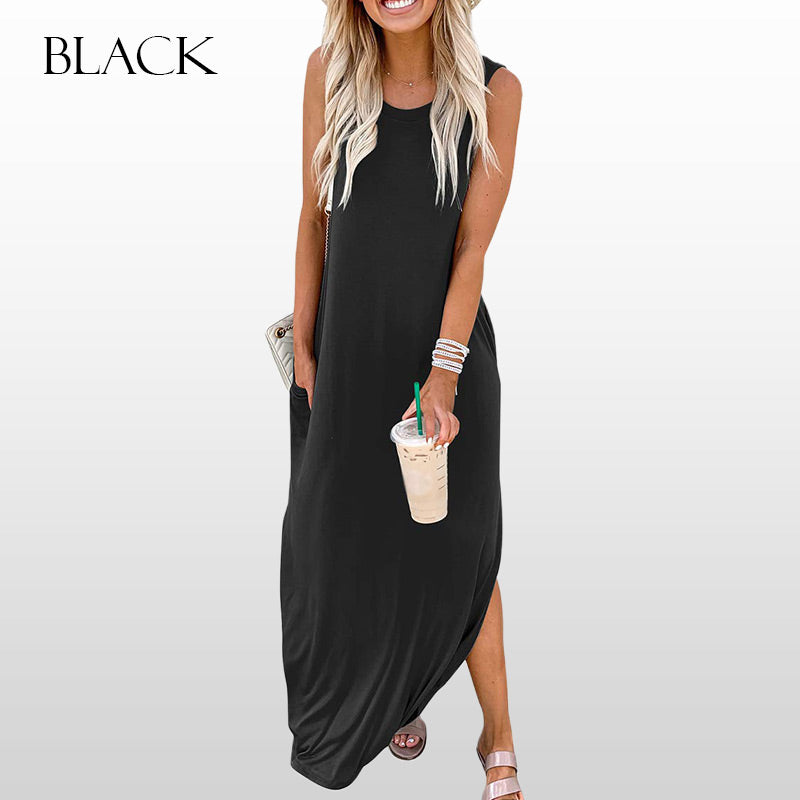 🎉🛍️Promoție fierbinte 50% REDUCERE💃Rochie lungă fără mâneci, în culori uni, la modă, pentru femei-12
