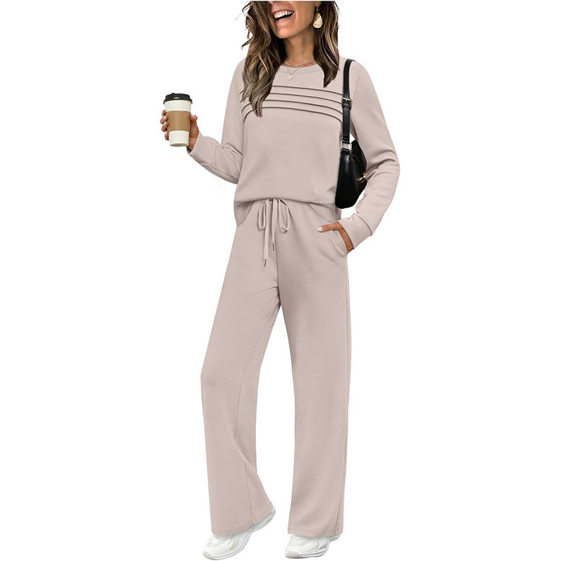 🔥Noua ta ținută preferată! 👗✨ Set pentru femei cu bluză cu guler rotund și pantaloni cu șnur 🛋️☕-3