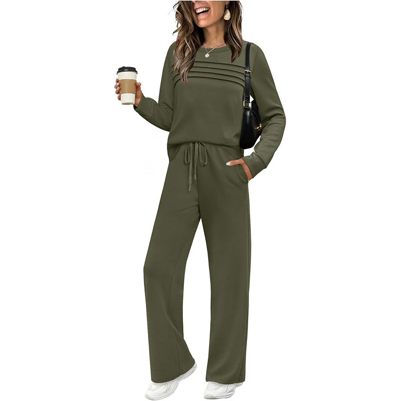 🔥Noua ta ținută preferată! 👗✨ Set pentru femei cu bluză cu guler rotund și pantaloni cu șnur 🛋️☕-4