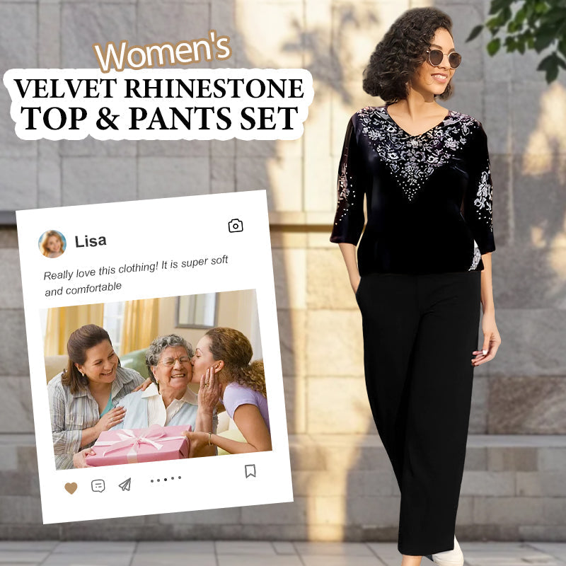Set de bluză și pantaloni din catifea cu strasuri pentru femei