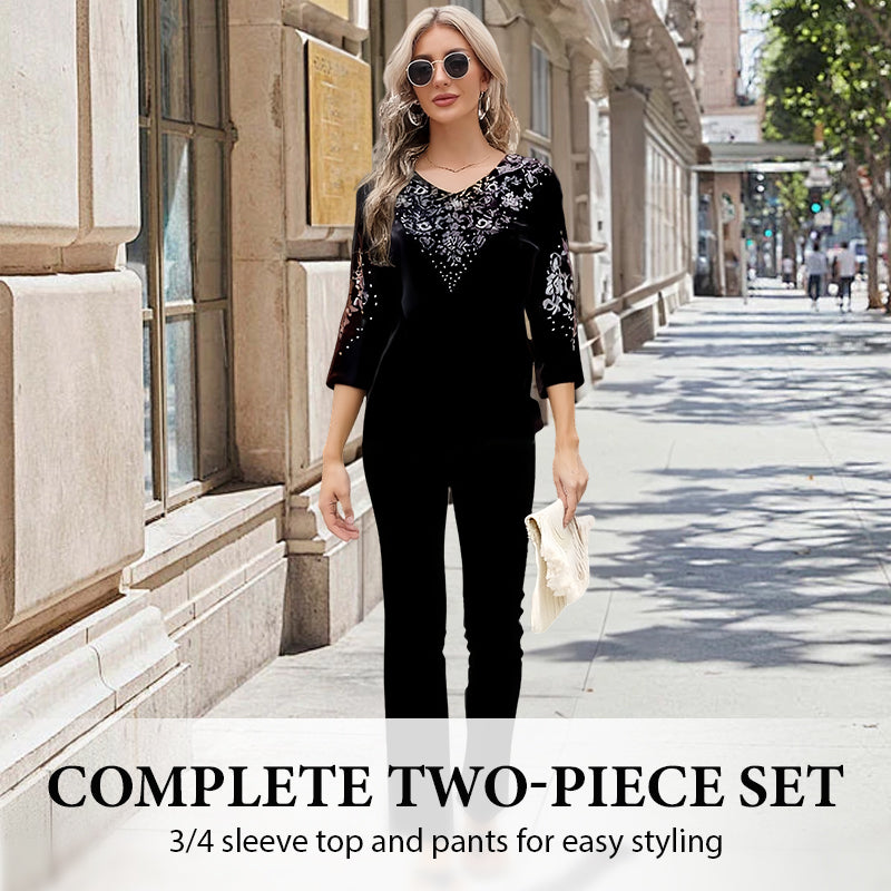 Set de bluză și pantaloni din catifea cu strasuri pentru femei-4