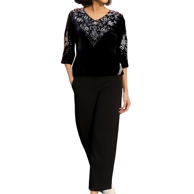 Set de bluză și pantaloni din catifea cu strasuri pentru femei-8