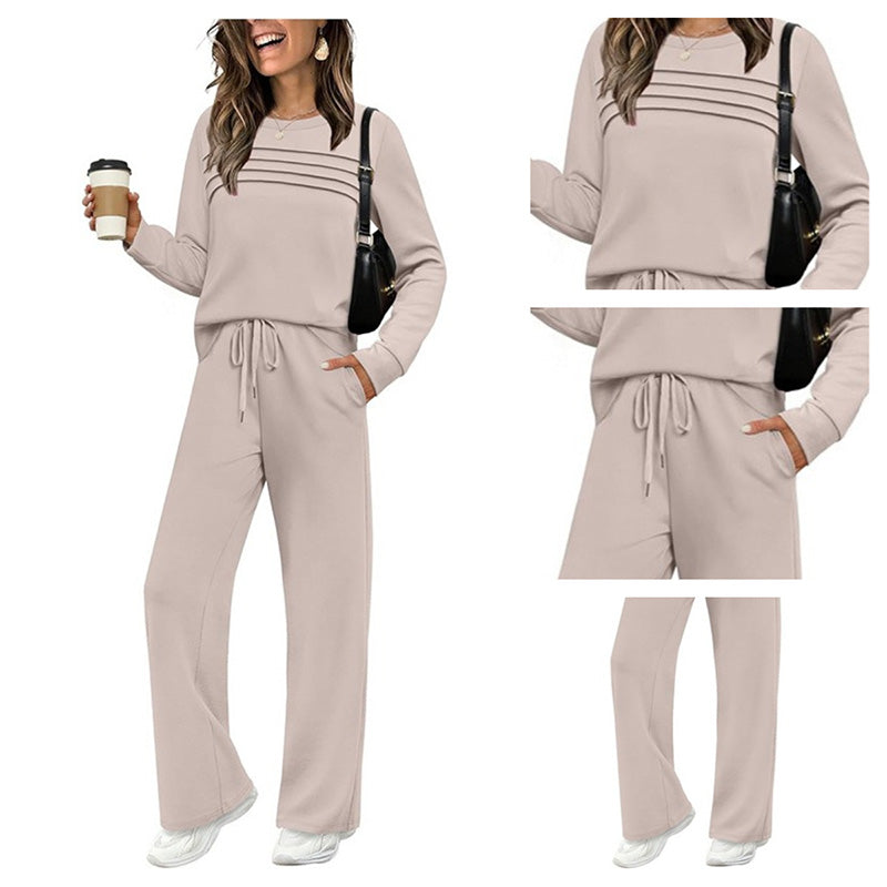 🔥✨Set pentru femei compus din un tricou cu guler rotund și pantaloni cu șnur🌠️-1