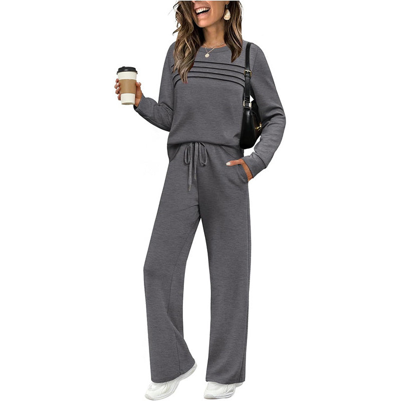 🔥✨Set pentru femei compus din un tricou cu guler rotund și pantaloni cu șnur🌠️-4