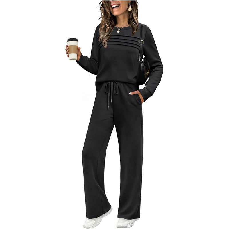 🔥✨Set pentru femei compus din un tricou cu guler rotund și pantaloni cu șnur🌠️-3