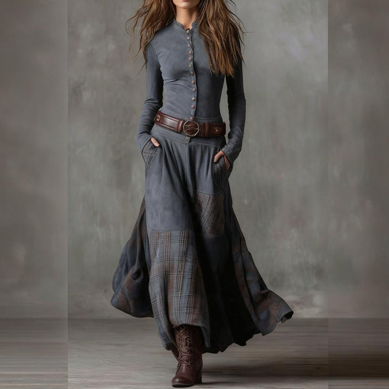 Rochie vintage cu guler înalt și nasturi-10