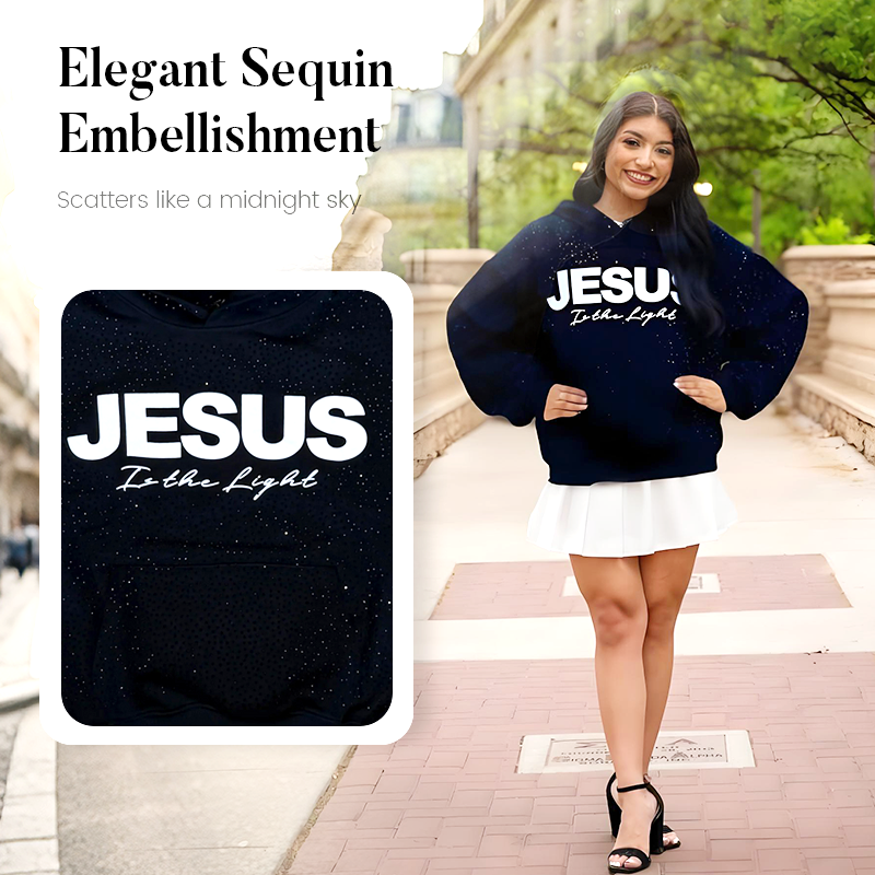 🥰 Hanorac cu paiete strălucitoare „JESUS Is the Light”✨ Stil glamour și confortabil, inspirat de credință💫-3