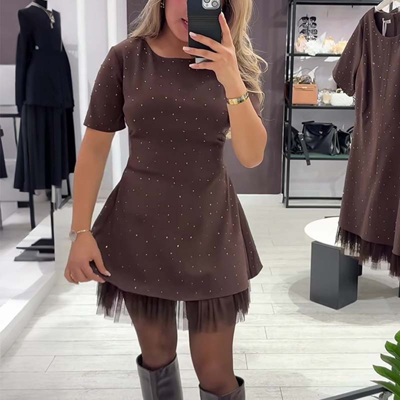 🔥Oferte speciale - Rochie mini cu mâneci scurte și dantelă strălucitoare pentru femei | Elegantă și strălucitoare