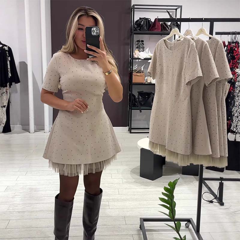 🔥Oferte speciale - Rochie mini cu mâneci scurte și dantelă strălucitoare pentru femei | Elegantă și strălucitoare-2
