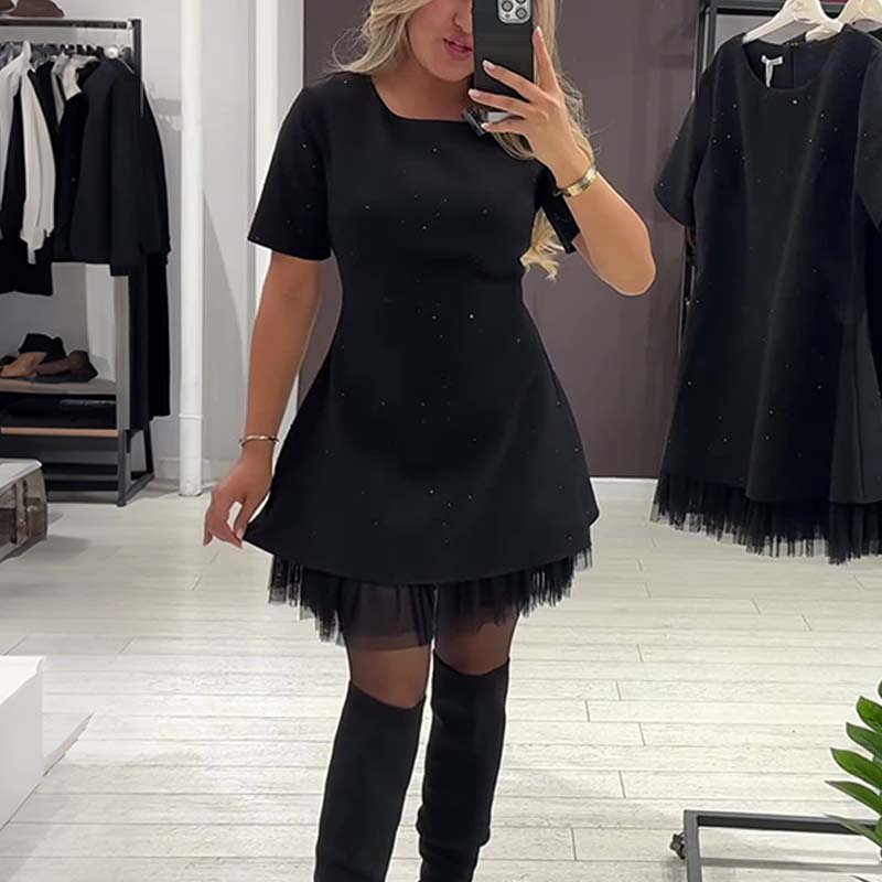 🔥Oferte speciale - Rochie mini cu mâneci scurte și dantelă strălucitoare pentru femei | Elegantă și strălucitoare-5
