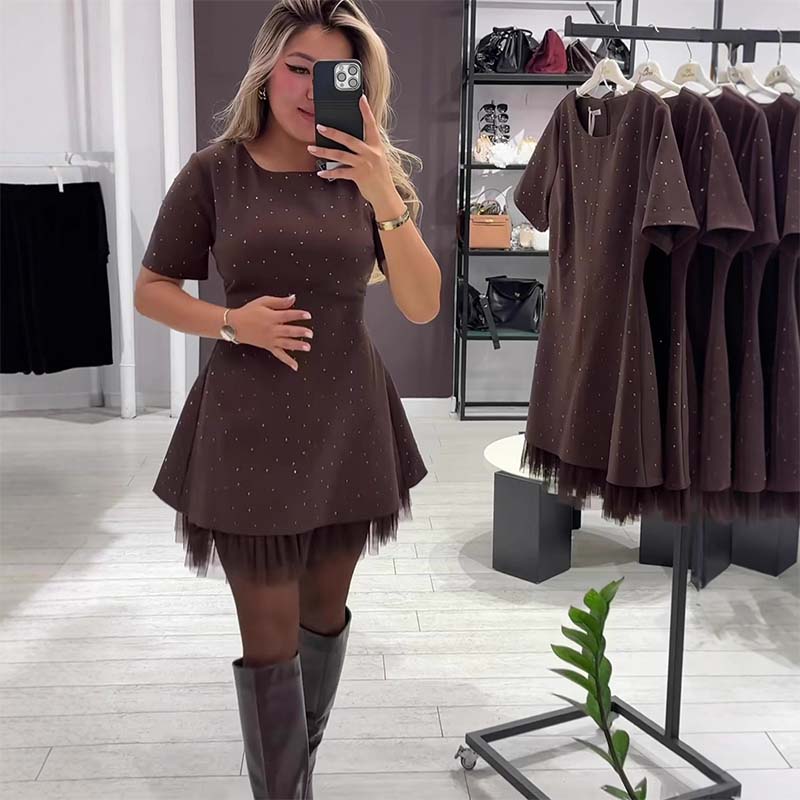 🔥Oferte speciale - Rochie mini cu mâneci scurte și dantelă strălucitoare pentru femei | Elegantă și strălucitoare-3