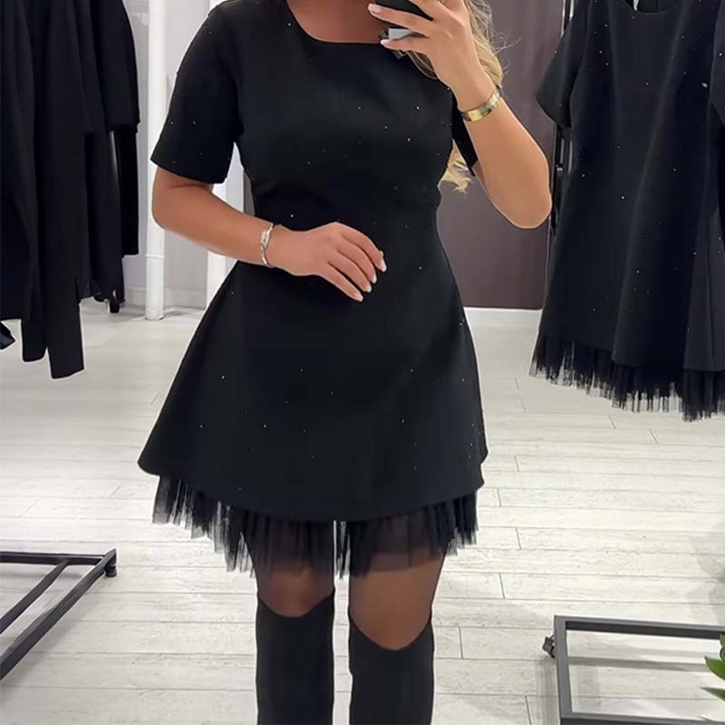 🔥Oferte speciale - Rochie mini cu mâneci scurte și dantelă strălucitoare pentru femei | Elegantă și strălucitoare-7