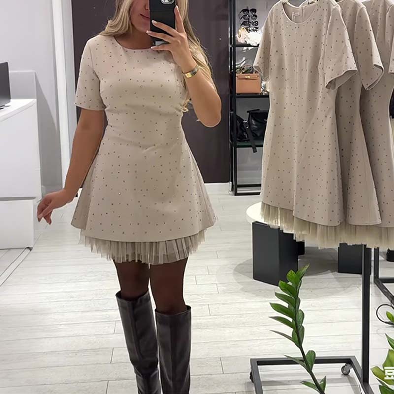 🔥Oferte speciale - Rochie mini cu mâneci scurte și dantelă strălucitoare pentru femei | Elegantă și strălucitoare-9