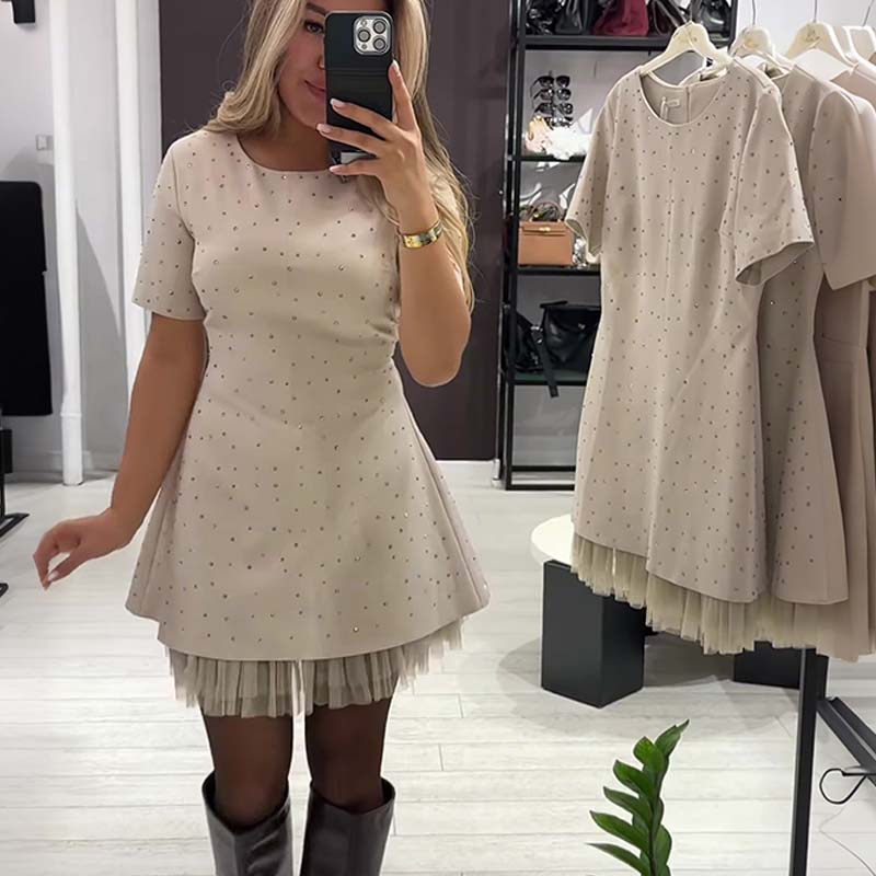 🔥Oferte speciale - Rochie mini cu mâneci scurte și dantelă strălucitoare pentru femei | Elegantă și strălucitoare-11