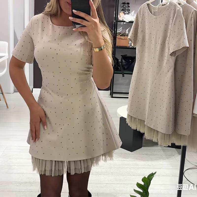 🔥Oferte speciale - Rochie mini cu mâneci scurte și dantelă strălucitoare pentru femei | Elegantă și strălucitoare-12