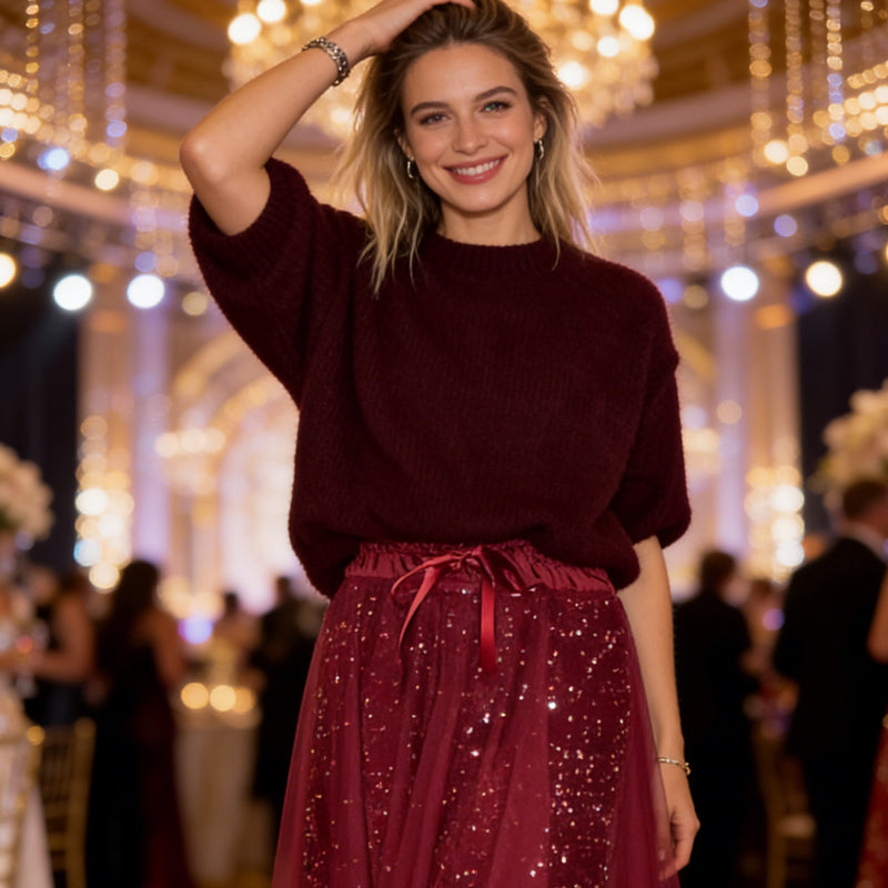 ⏳Ofertă specială limitată⏰Set pentru femei cu top strălucitor și fustă din tul - Set elegant și strălucitor din două piese✨-3