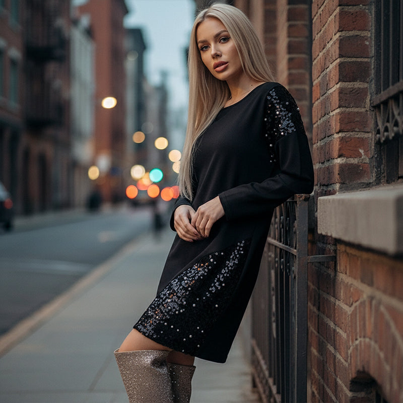Rochie elegantă cu mâneci lungi și paiete pentru femei-2