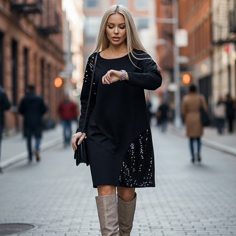 Rochie elegantă cu mâneci lungi și paiete pentru femei-5