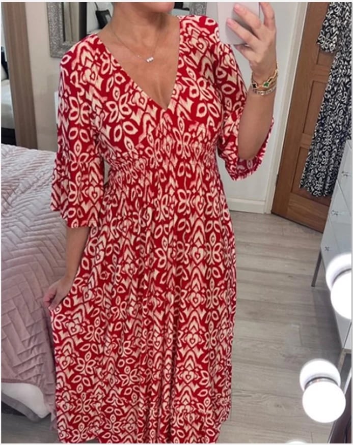 💞Rochie lungă cu decolteu în V și imprimeu boem casual-1
