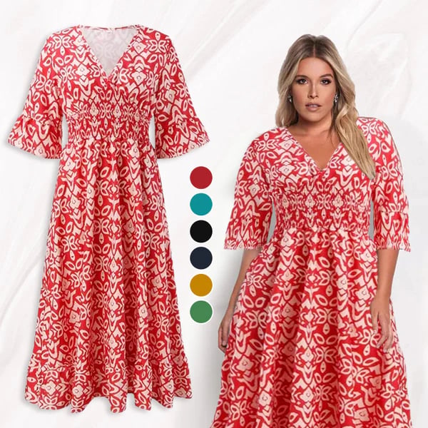 💞Rochie lungă cu decolteu în V și imprimeu boem casual