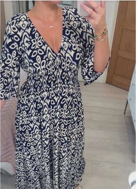💞Rochie lungă cu decolteu în V și imprimeu boem casual-3