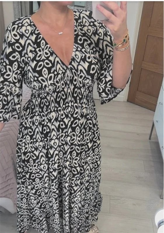 💞Rochie lungă cu decolteu în V și imprimeu boem casual-2